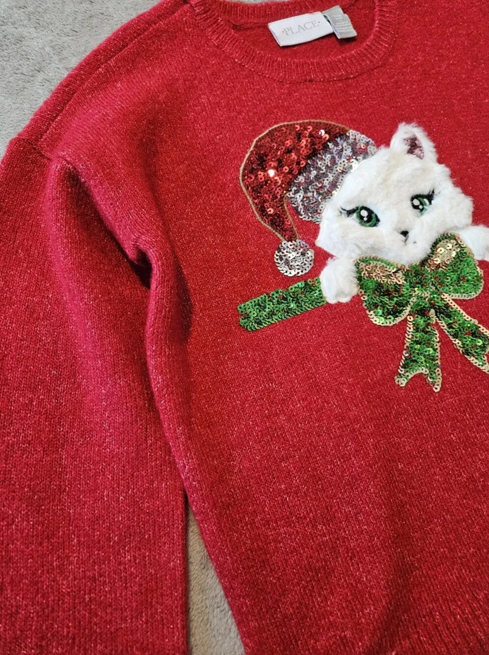 Sparkly Red Holiday Kitty Sweater with Green Sequin Bow